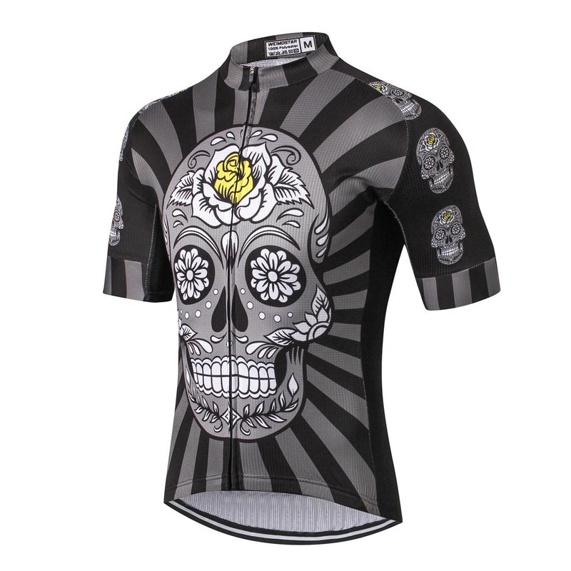 Weimostar Men's Cycling Jersey Men Mountain Bike Jerseys Short Sleeve Tops Cuff (Black Skull Flower XL) - Image 1